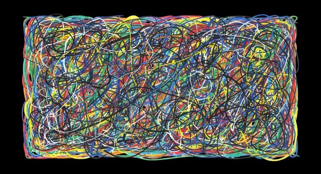 Rectangular abstract composition featuring a dense, chaotic web of multi-colored tangled lines and scribbles against a solid black background