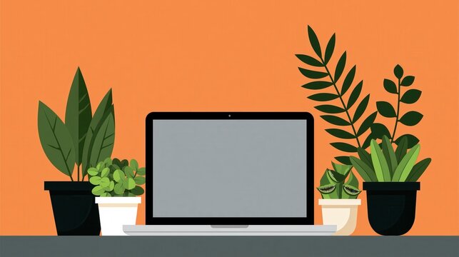 A laptop on a desk surrounded by five potted green plants against an orange background.