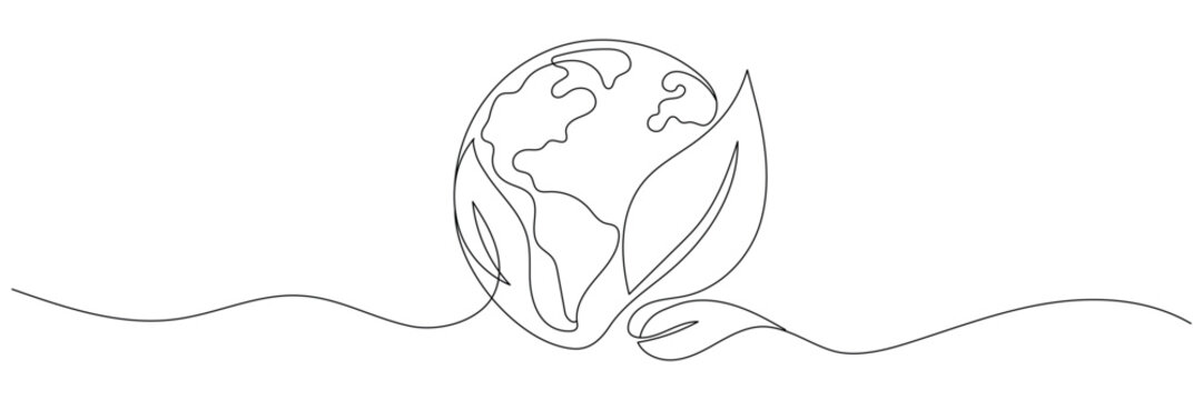 A drawing of the Earth, drawn in one continuous line, with a symbol of a plant sprout representing stability and growth. Editable line