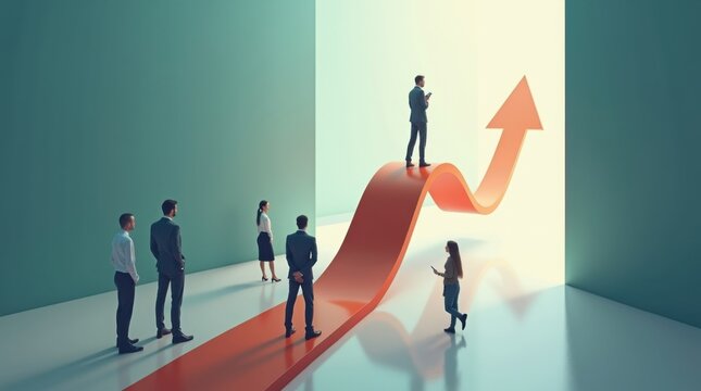 Una gran flecha asciende por el suelo de la oficina mientras peque&ntilde;os empleados la observan