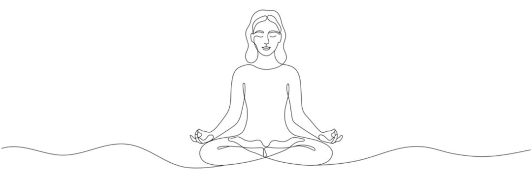 A woman practicing yoga and meditation is depicted with a single continuous line. A girl sitting in the lotus position is also depicted with a single line. Vector illustration. Editable line.