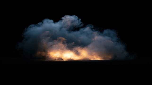 A dense cloud of smoke illuminated by an orange firelight glows against a pitch-black background, creating a dramatic and intense atmosphere.