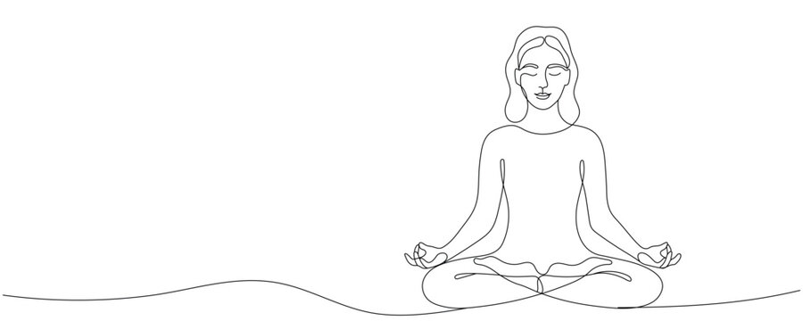 A woman practicing yoga and meditation is depicted with a single continuous line. A girl sitting in the lotus position is also depicted with a single line. Vector illustration. Editable line.