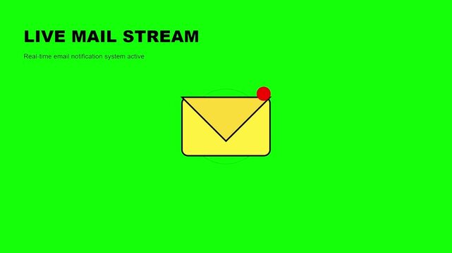 Live mail stream notification animation, yellow envelope icon with red alert dot on green screen, real time email notification system interface