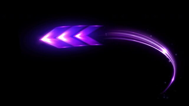 Futuristic blue and purple neon arrow with glowing particle trail and lens flares on transparent background 4K