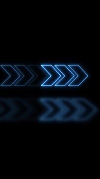 Neon blue chevron arrows reflecting on a dark glossy surface. Chevron arrows for directional motion. Dark glossy surface neon blue chevron arrows indicating forward movement.