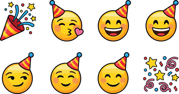 Cute Birthday Party Emoji Faces with Festive Hats and Confetti Popper Icons for Anniversary Events Celebrations and Greeting Card Designs