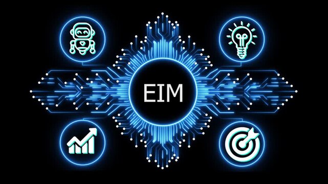 EIM logo on glowing circuit board network, connected business icons for finance, analytics, partnership, growth and innovation on black background