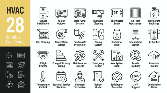 HVAC Service and Maintenance Line Editable Icons set. Modern thin line style of heating ventilation and air conditioning icons: furnace, AC unit, repair, ductwork