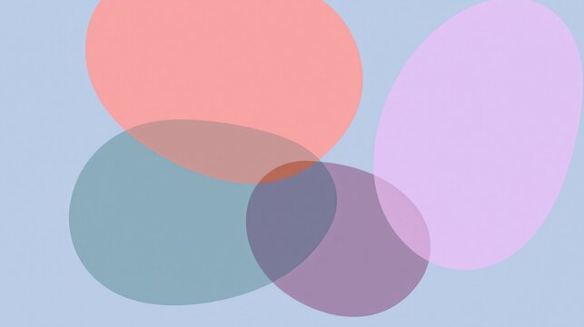 Four overlapping translucent ovals in pastel colors create a minimalist abstract composition on a light blue background.