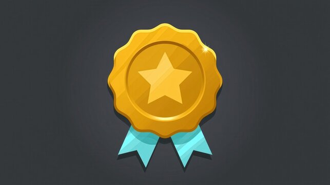 A shiny gold medal with a star in the center and blue ribbons hanging below on a dark background.