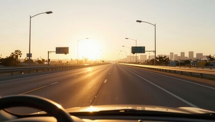 Fototapeta premium A car is driving on a highway during sunset, with the sun setting in the background. The highway stretches ahead, bordered by streetlights and signs.