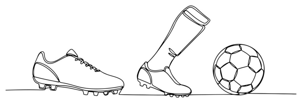 Soccer shoe and leg kicking a football ball in continuous one line drawing style