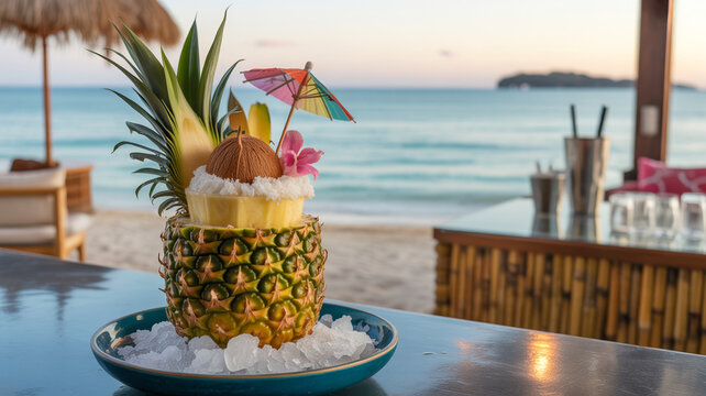 Pineapple cocktail served in a hollowed pineapple fruit with a small umbrella on a bed of ice at the beach