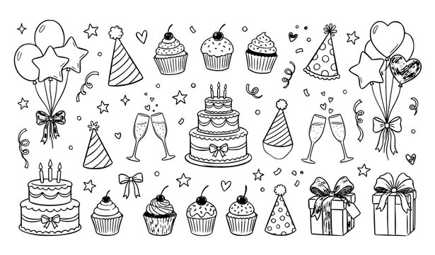 Coquette Birthday Doodle Vector Set Hand Drawn Feminine Party Elements Sticker Sheet