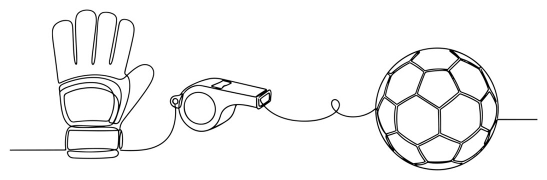 Football referee whistle with goalkeeper glove and soccer ball in minimalist continuous line art style