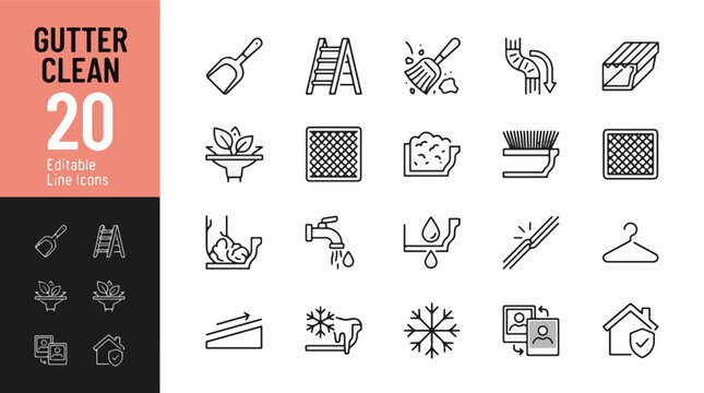 Gutter Cleaning Line Editable Icons set. Vector illustration in modern thin line style of maintenance service icons: ladder, scoop, brush, downspout, drainage, repair, and house protection.