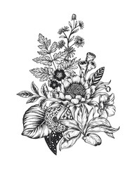 Obraz premium Beautiful hand drawn vector composition with black and white unusual blooming flowers on white background