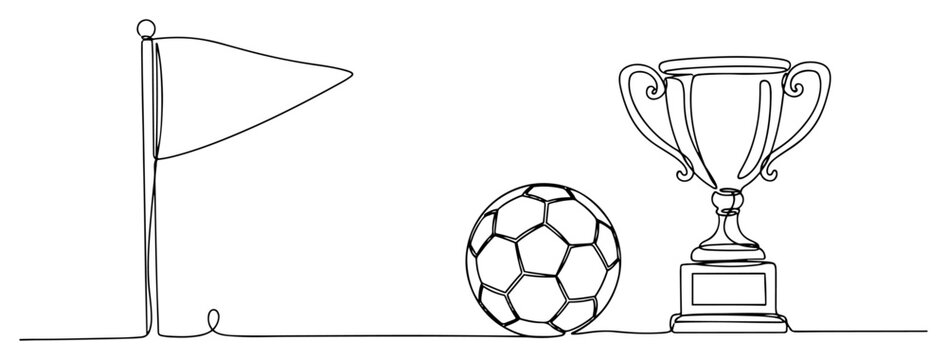 Soccer ball with trophy and corner flag drawn in continuous line style