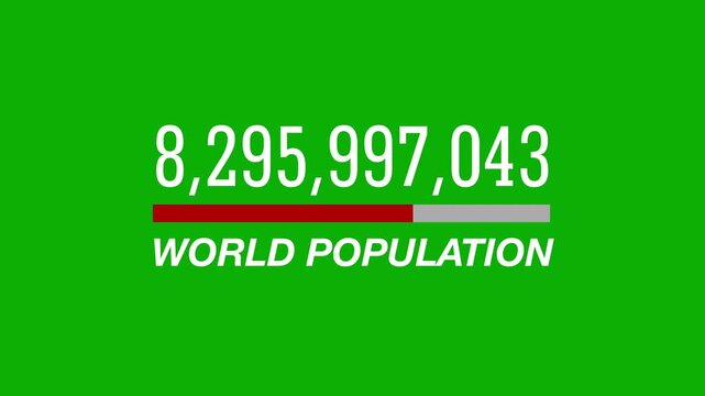 A world population counter displaying over 8 billion people and continuously increasing, visualizing global human data and demographic growth on a green background.