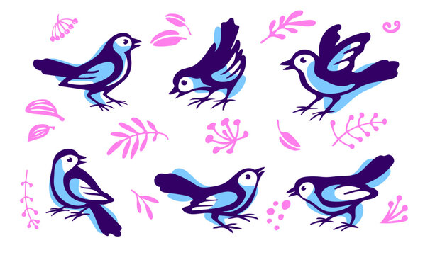 A set of vector birds poses Botanical pattern