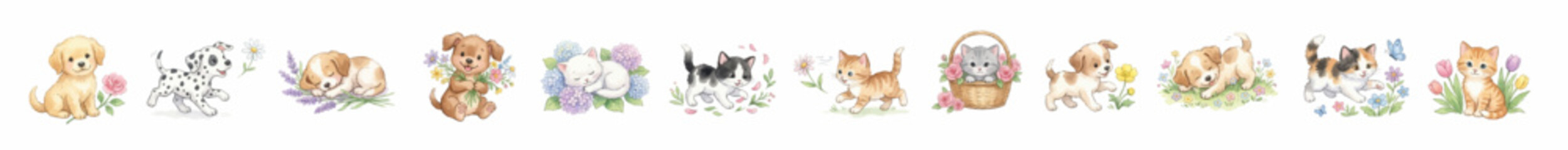 Adorable pet characters in floral elements, playful and sleeping animals in gentle pastel tones. Collection of Vector illustrations for invitation, card, poster, banner, decoration  © maria