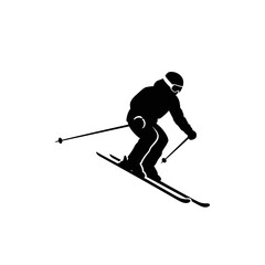 Fototapeta premium Silhouette of a skier in motion navigating snowy slopes during daytime