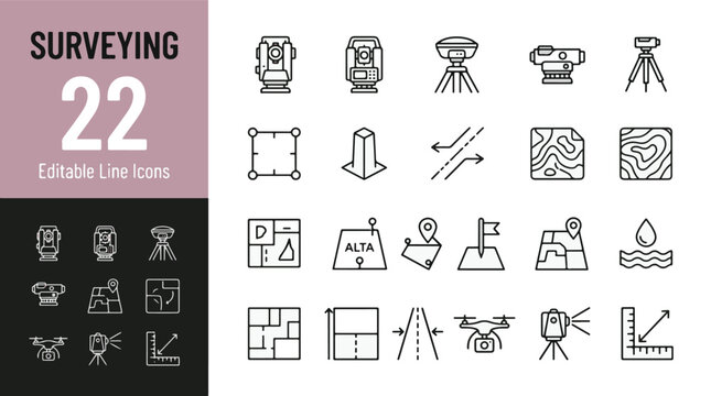 Surveying Line Editable Icons set. Vector illustration in modern thin line style of land survey equipment and engineering icons: total station, theodolite, gps, drone, topographic map