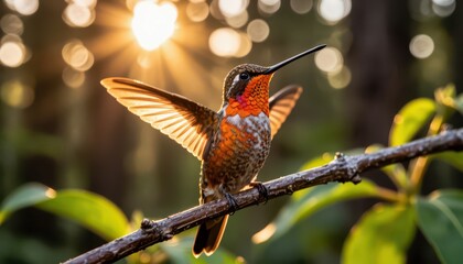 Obraz premium A hummingbird shows vibrant feathers while perched on a branch. The hummingbird's wings are spread, and sunlight filters through the surrounding leaves.