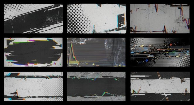 Set of nine rectangular frames with digital glitch effects, halftone patterns, grunge textures, and chromatic aberration on dark backgrounds