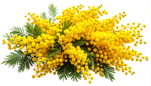 Isolated mimosa flowers and green pine needles bouquet, vibrant yellow fluffy pom poms, natural spring decoration, festive accent