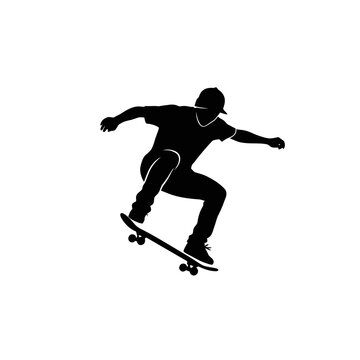 Dynamic silhouette of skateboarder executing a mid-air trick capturing urban sports energy