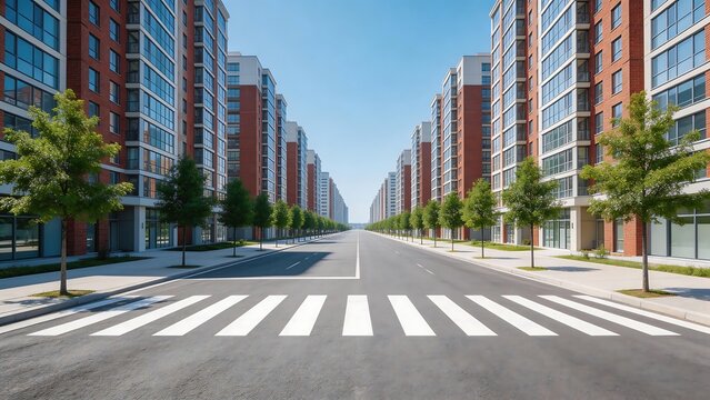 Empty urban street with modern apartment buildings