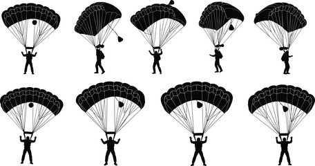 Professional Parachutist Silhouette Set Featuring Detailed Skydivers in Mid-Air Maneuvers and Descent for Extreme Sports, Adventure Travel, and Active Lifestyle Graphic DesignsProfessional Parachutist © Sonjoy