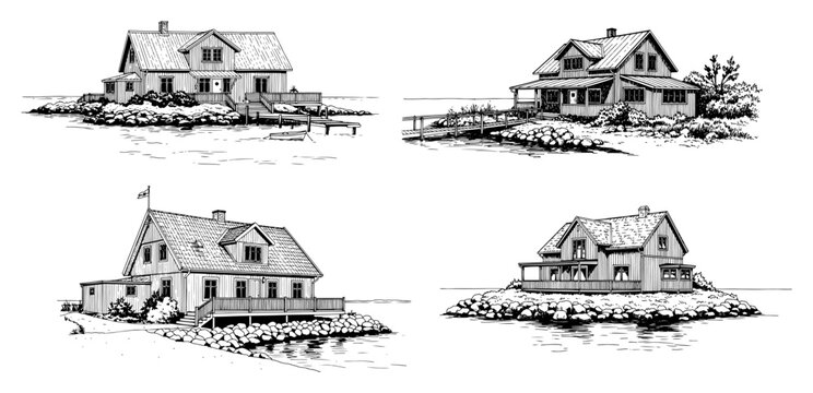 Coastal wooden houses on islands near water in vintage engraving style