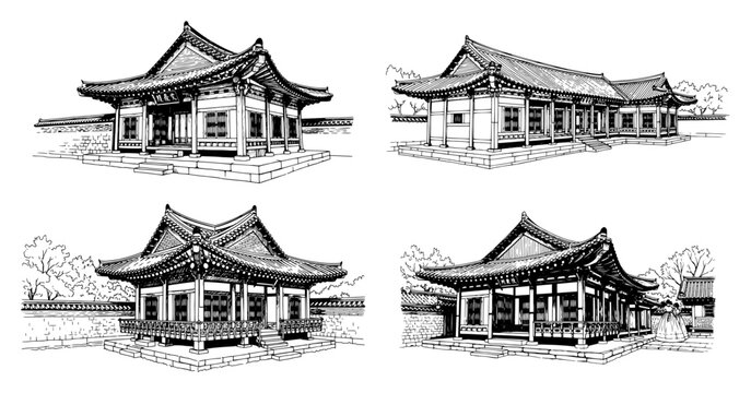 Traditional Korean hanok temple architecture set in black and white sketch style