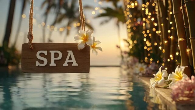 spa hanging sign on romantic decorated pool background with fairy lights animation