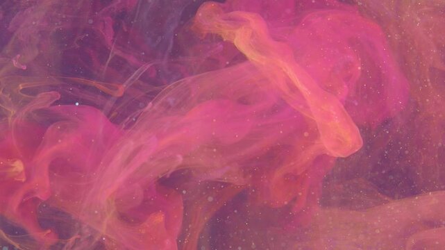 Pink ink swirling in purple fluid, ethereal nebula textures with glitter particles, soft gradients and slow motion flow lofi cinematic vibe