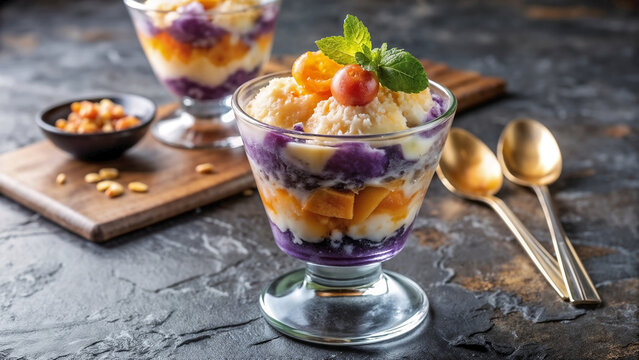 Halo-Halo Filipino shaved ice layered dessert in a glass cup, a colorful sweet delicacy for summer menus, food blogs, and Asian cuisine