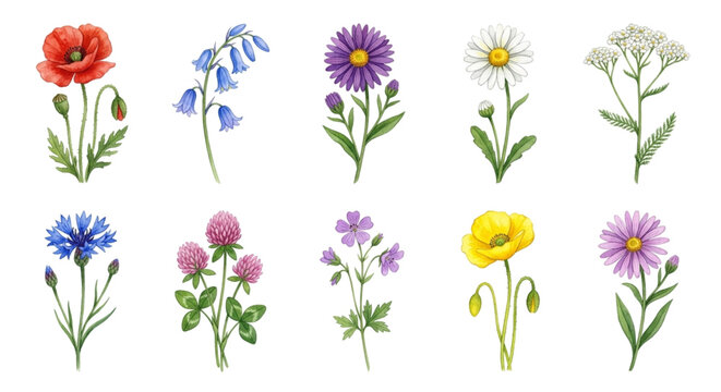 Colorful Meadow Wildflower Stem Icon Collection
