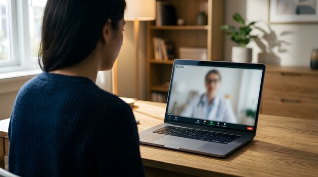 Woman sits at desk with laptop showing doctor on video call in living room