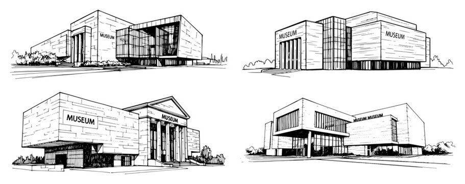 Modern museum building exterior with contemporary architectural design in black and white sketch style