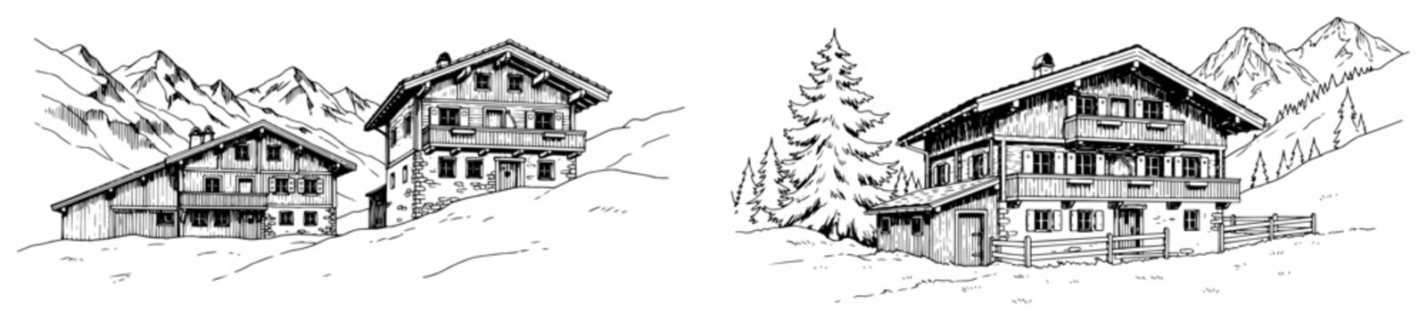 Alpine chalets in snowy mountain landscape in vintage engraving style