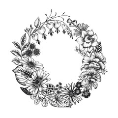 Obraz premium Beautiful hand drawn vector wreath with black and white unusual blooming flowers on white background