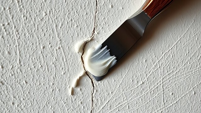 spackle. A putty knife spreading white paste over a crack on a textured wall. real-estate listings, architecture portfolios, designed for interior renovation comparisons for interiors.