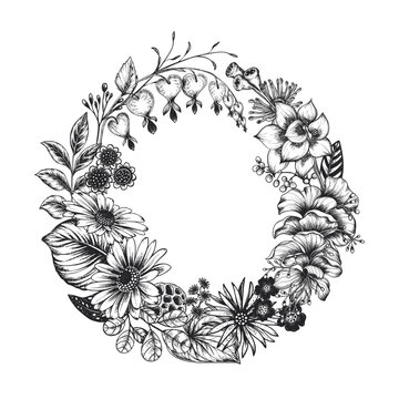 Beautiful hand drawn vector wreath with black and white unusual blooming flowers on white background