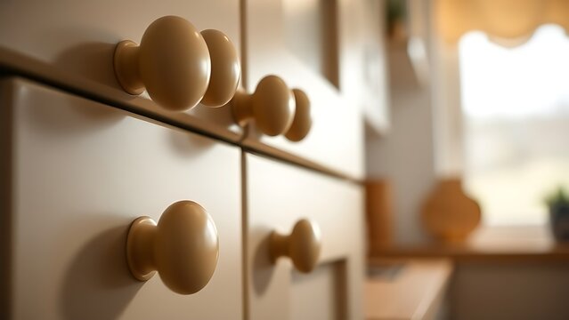 bakelite. Close-up of Art Deco style bakelite knobs on kitchen cabinet, vintage aesthetic. product launch decks, UI/UX mockups, designed for product launches and innovation pitches, clarifies data.