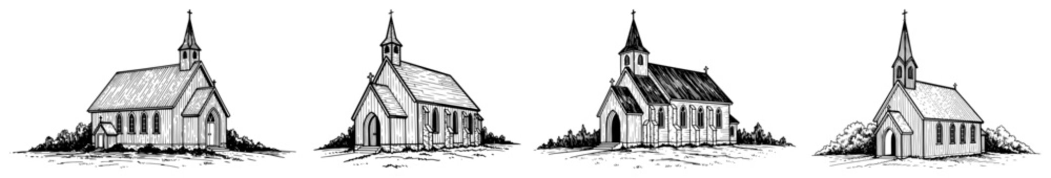 Small countryside churches and chapels in vintage engraving style
