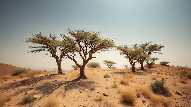 boswellia. A sparse grove of Boswellia trees on a dry hillside under a hot, shimmering sky. travel magazines, destination branding, designed for travel destination branding, used by PR specialists.