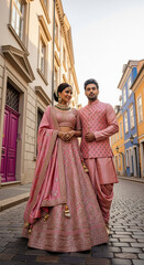 Obraz premium young indian couple wearing traditional cloths standing together at city street